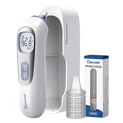 Berrcom Ear Thermometer with Heated Tip & Age Precision, Fever Alarm with Mute & Night Light, Includes 21 Probe Covers & Storage Box, Accurate Digital Ear Thermometer for Adults, Kids and Babies