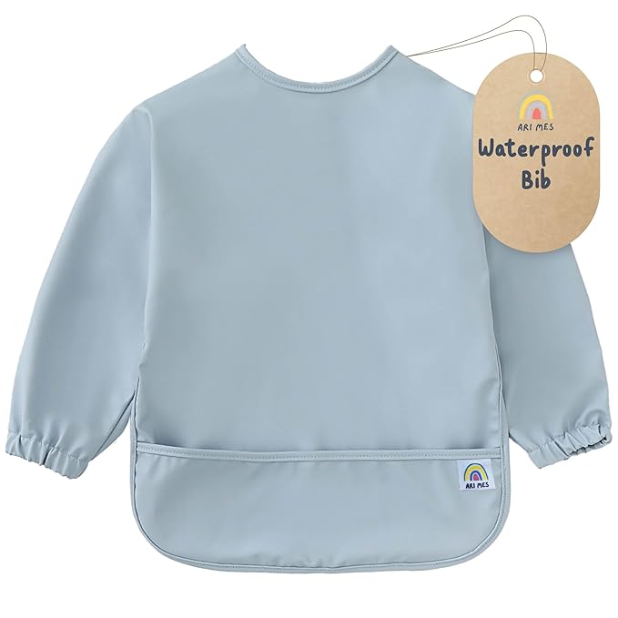 ARI MES Long Sleeves Waterproof Baby Bibs for Eating - Blue, Medium- Wearable, Coverall for Toddler, Long Sleeve Bib, Smock Apron for Feeding - Applicable for 6-72 Months