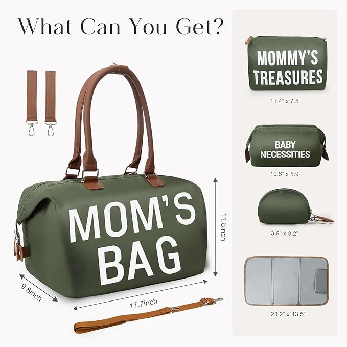 printe 6pcs Large Diaper Bag Tote with Changing Pad & 2 Organized Pouches, Mom's Bag for Hospital with Pacifier Case, Straps, Stroller Hook, Baby Diaper Bag for Weekender Travel, Olive Green