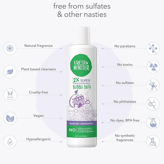 Fresh Monster Kids Foaming Bubble Bath | Hypoallergenic, Natural for Kids & Toddlers | Super Concentrated | Soothing Lavender Scent | Bath Time Essentials