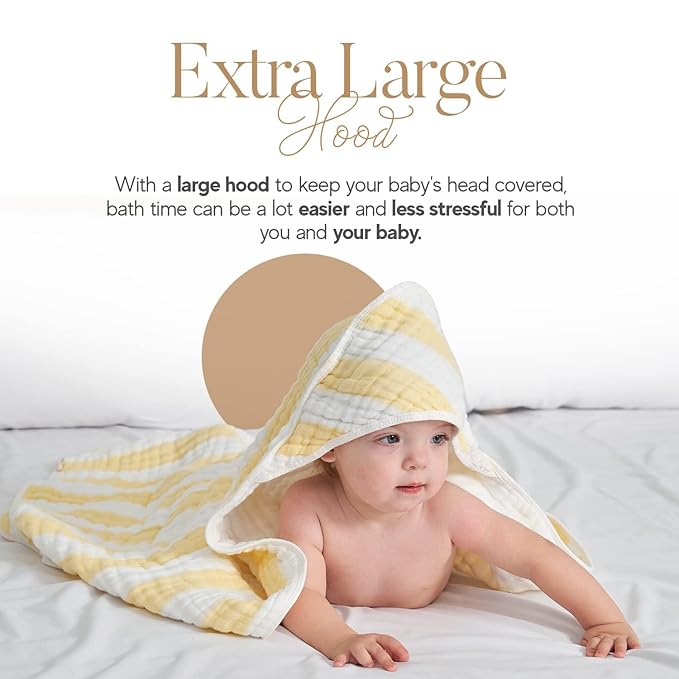 HardNok 4-Pack Muslin Hooded Baby Bath Towel Set - 100% Organic Cotton, (2) 6-Layer 32x32 Towels & (2) Washcloths, Newborn & Infant Gift Set (Yellow Striped & White)