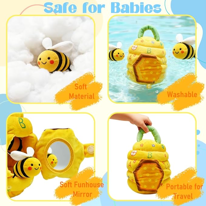 Baby Toys 6-12 Months, Beehive Montessori Toys for 1 Year Old with 5 Sensory Bees Stuffed Animals, Crinkle, Rattles, Squeaker, Jingle Bells, Mirror, Infant Toy Birthday Christmas Gift