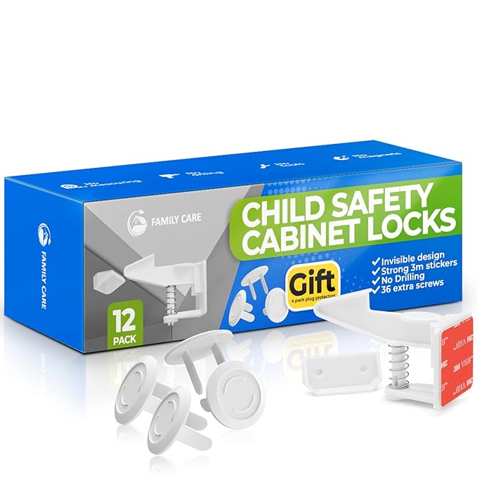 Child Proof Locks for Cabinet Doors (12 Pack + Gift) - Child Cabinet Locks Baby Locks for Cabinets and Drawers - Baby Cabinet Safety Latches Child Locks for Kitchen Cabinets Baby Proofing Cabinets