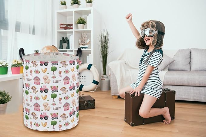 Essme Kids Laundry Basket,Farm Hamper Collapsible Canvas Waterproof Storage Bin for Girls, Pink Hamper,Gift Baskets(Pink Farm)