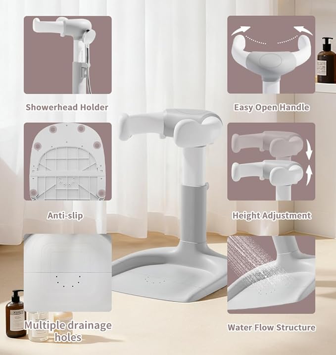 Baby Bath Stand, Baby Bath Assistant, Toddler Bath Support with Adjustable Height & Armrest, Portable Bath Rack with Anti-Slip Base, Safe Bath Helper for Infants 8-36 Months