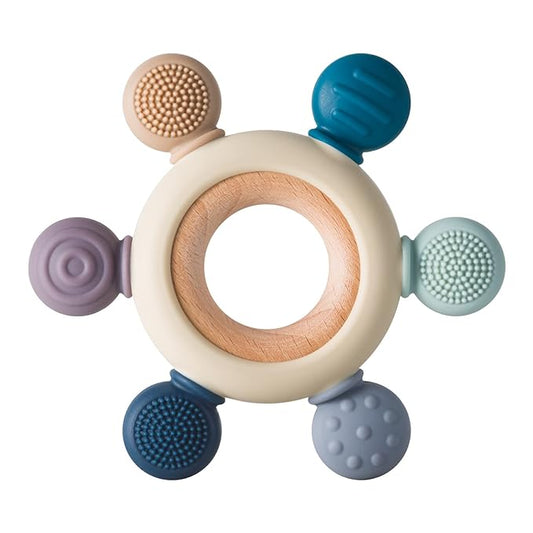Arudyo Baby Teething Toys Silicone Teethers BPA Free Silicone Rudder with Wooden Ring Soothe Babies Gums (Gray)