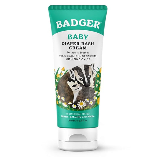 Badger Baby Diaper Rash Cream, Zinc Oxide Diaper Cream for Babies, Natural Skin Barrier Cream with Organic Sunflower Oil & Beeswax, 2.9 fl oz