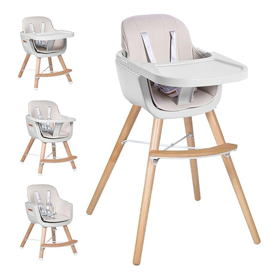 High Chairs for Babies and Toddlers,3 in 1 Convertible Wooden highchair, Baby High Chair with Adjustable Legs,5 Point Harness, Footrest, Dishwasher-Safe Tray & PU Leather Cushion, Beige