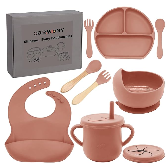 Dormlony 100% Silicone Baby Feeding Set, 9 Pcs: Bib, Divided Plate, Bowl, Sippy Cup, Spoons & Forks (Carrot)