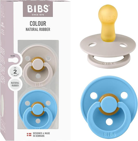 Bibs Pacifiers Color Collection, Set of 2 BPA-Free Latex Pacifiers Made in Europe, Round Nipple Baby Pacifier.