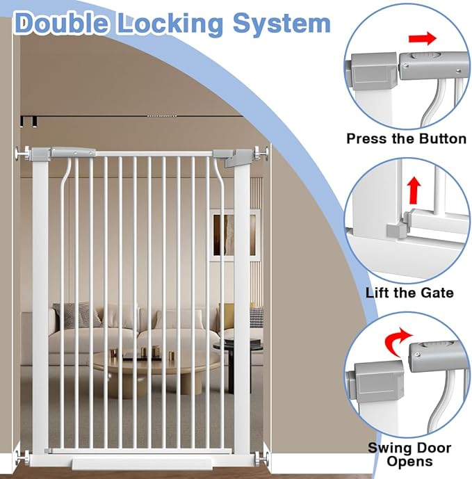 Qonimm 40.55" Extra Tall Baby Gate -40.6"-49.1" Extra Wide Baby Gate Pet Gate for Stairs and Doorways-1.37" Ultra Narrow Spacing Pressure Mounted Dog Gate with One-Handed Operation(40.6"-49.1")