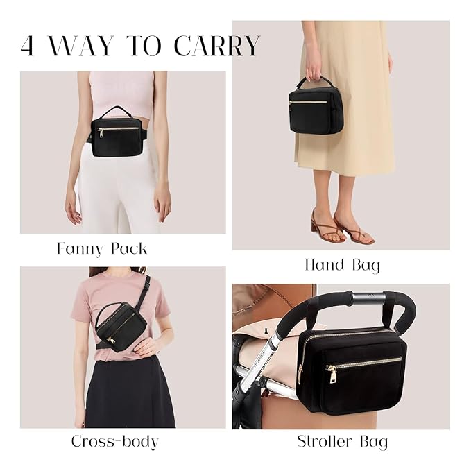 printe Small Diaper Bag with Portable Changing Pad, Crossbody Fanny Pack with Wipes Pocket for Stroller, Women Waist Bag for Travel, Black Large