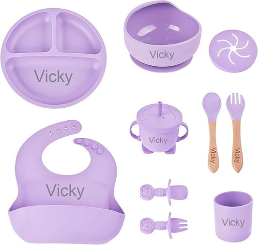 Personalized Silicone Baby Feeding Set with Name, Customized Baby Led Weaning Supplies Self Feeding Eating Utensils with Spoon, Fork, Silicone Suction Bowls, Cup, Plate Dark Purple