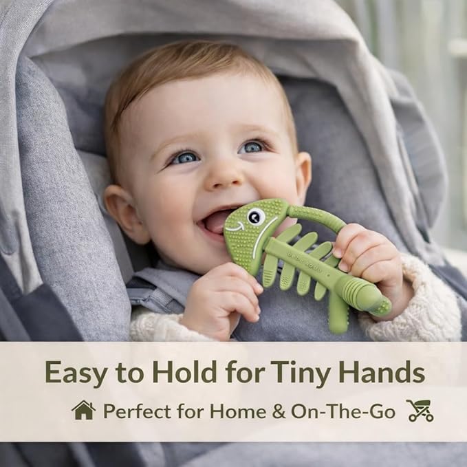 3 in 1 Infant Toys, Baby Teething Toys 3–6 6–12 Months, Teethers for Babies 0–3–6–12 Months for Teething Relief, Baby Gift, Baby Teether Toys, Silicone Sensory Toys, USA Patent Pending, Fish (Olive)