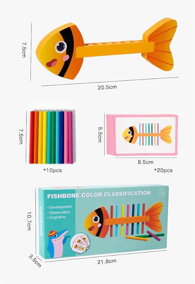 Montessori Fine Motor Skills Toys for Toddlers, Wooden Fishbone Color Matching & Sorting Toy with 20 Task Cards, Learning Educational Gifts for 3 4 5 6 Year Olds, Baby Sensory Training Toys