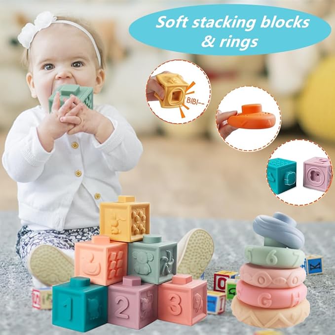 Baby Toys 6-12 Months, Montessori Toys for Toddlers 1-3 Year Old, Busy Cube Teether Infants Bath 6 in 1 Stacking Blocks Rings, Suction Cup Spinner, Shape Bin Sensory (0035)