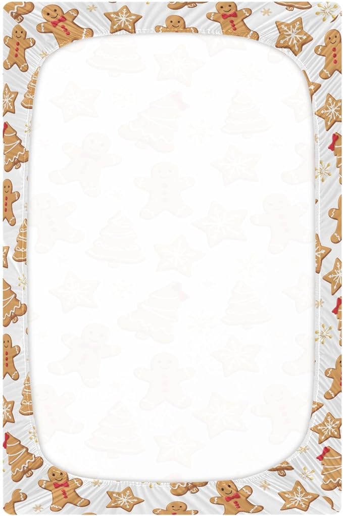 Pfrewn Christmas Crib Sheets for Boys Girls Cartoon Gingerbread Men Snowflakes Fitted Crib Sheet for Mini Crib Mattress Stretch Soft Winter Pattern Toddler Baby Playard Sheet,39x27IN