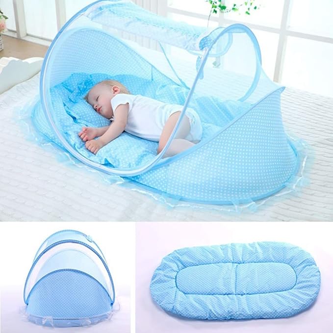 Portable Foldable Baby Bed Net Polyester Newborn Sleep Bed Travel Bed, Fabric for Easy (Sky-Blue,Green)