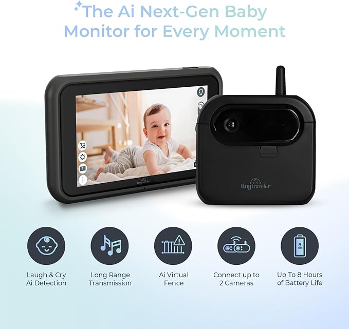 Tiny Traveler Ai Smart Wireless Baby Car Monitor with Power Bank - AI-Powered Safety Alerts: Cry/Laugh/Stand Detection, Virtual Fence, Long Range 1000ft Night Vision Lullabies Night Light - Black