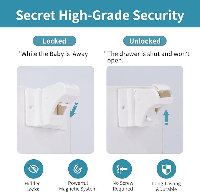Child Safety Magnetic Cabinet Locks - Children Proof Cupboard Baby Latches - Adhesive for Cabinets & Drawers (10 Locks and 2 Keys)