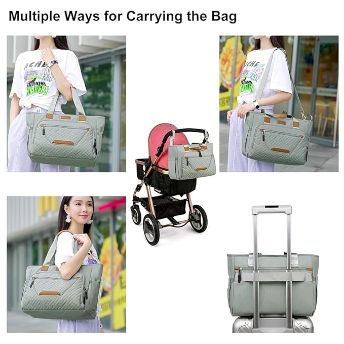 Diaper Bag Tote, Large Tote Diaper Bag with 16" Laptop Compartment, Baby Bag with Insulated Pocket for Mam and Dad, Ideal for Travel, Work (Morandi Grey) | Dual stroller hooks, Working Parents, 3 Insulated Pocket