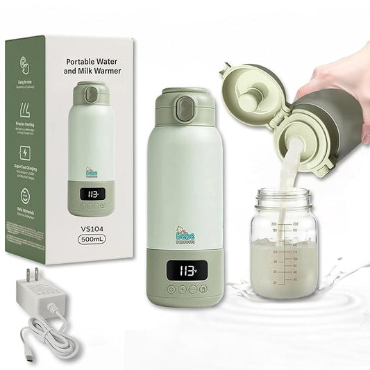 Portable Milk Warmer for Travel 17oz, 45W Fast Charge, Long Battery Life, 316 Stainless Steel, LED Display, Fast Heating, Precise Temp Control, Leak-Proof, Cordless Baby Milk Warmer for on The go