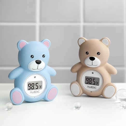 HubiBaby Baby Bath Thermometer & Digital Room Temperature, 2in1 Kids Bathroom Safety Products with Temperature Warning, Floating Teddy Bear (Blue)