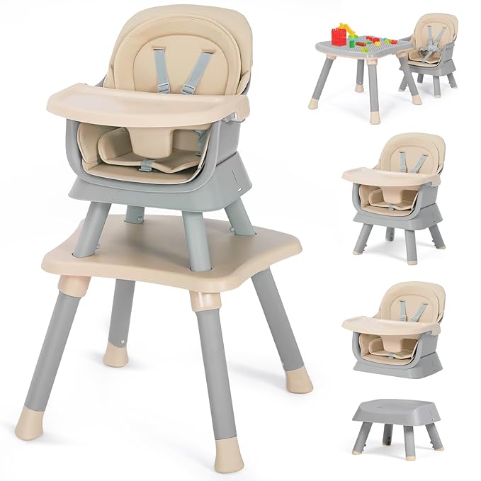 Kinder King 8 in 1 Baby High Chair, Coverts to Dining Booster Seat/Kids Table & Chair Set/Toddler Building Block Table/Kids Stool, Removable Tray & Double Seat Cover, Easy to Wipe, Grey & Coffee
