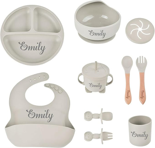 Personalized Silicone Baby Feeding Set with Name, Customized Baby Led Weaning Supplies Self Feeding Eating Utensils with Spoon, Fork, Silicone Suction Bowls, Cup, Plate Smoky Gray