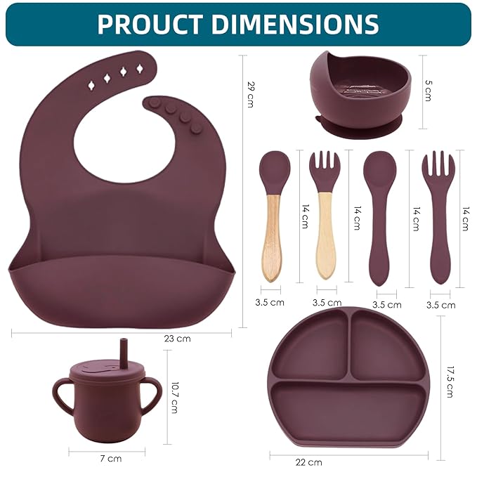 Dormlony 100% Silicone Baby Feeding Set, BPA Free Dishes With Suction Bowl, Divided Plate, Toddler Self Feeding Utensils, Spoons, Forks, Sippy Cup and Bib (Dark Red)