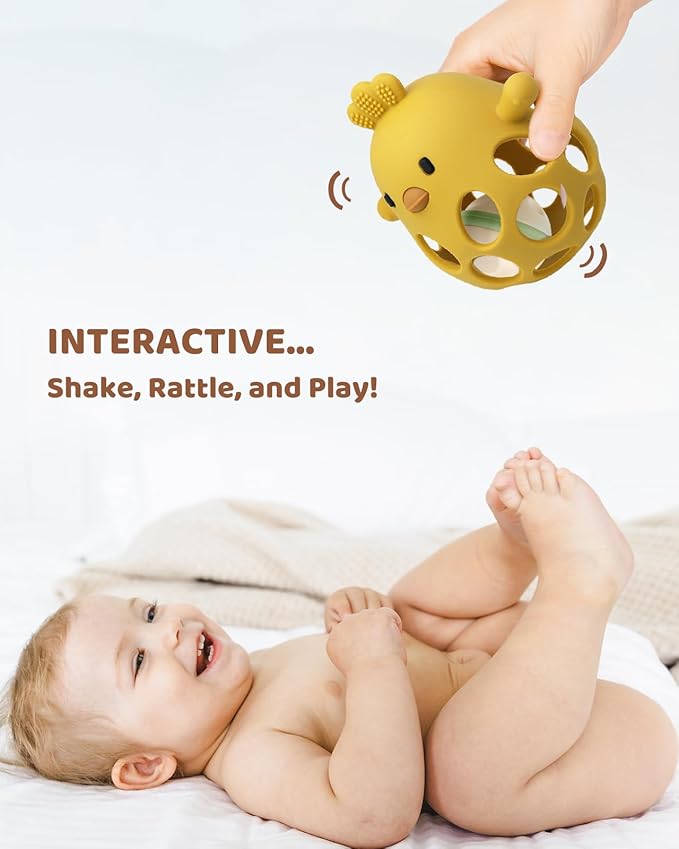 2-in-1 Baby Teething Rattle Toy, Sensory Grasping Teether for Infants 3-12 Months, 100% Food-Grade Silicone, Easy to Hold, Soothing & Developmental, BPA Free