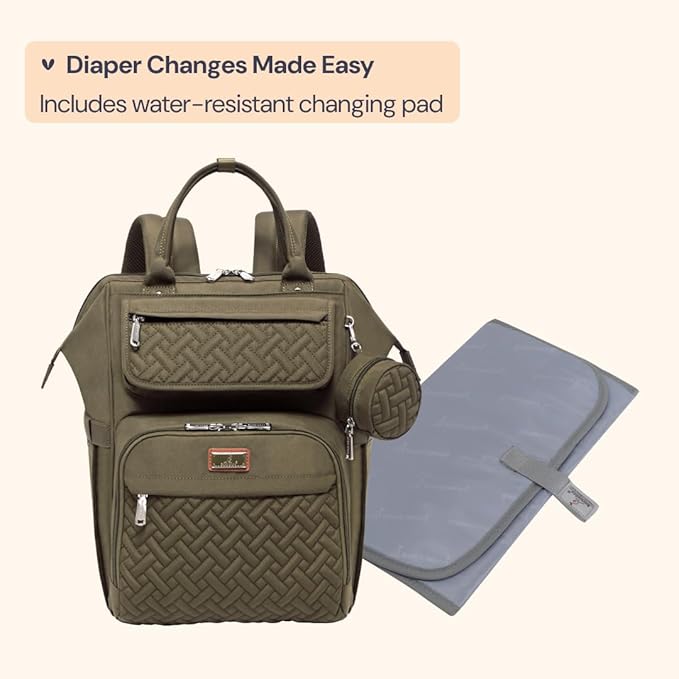 BabbleRoo Diaper Bag Backpack, Multifunction Nappy Changing Bag with Changing Pad, Stroller Straps & Pacifier Case, Unisex Stylish Travel Back Pack for Moms & Dads - Army Green