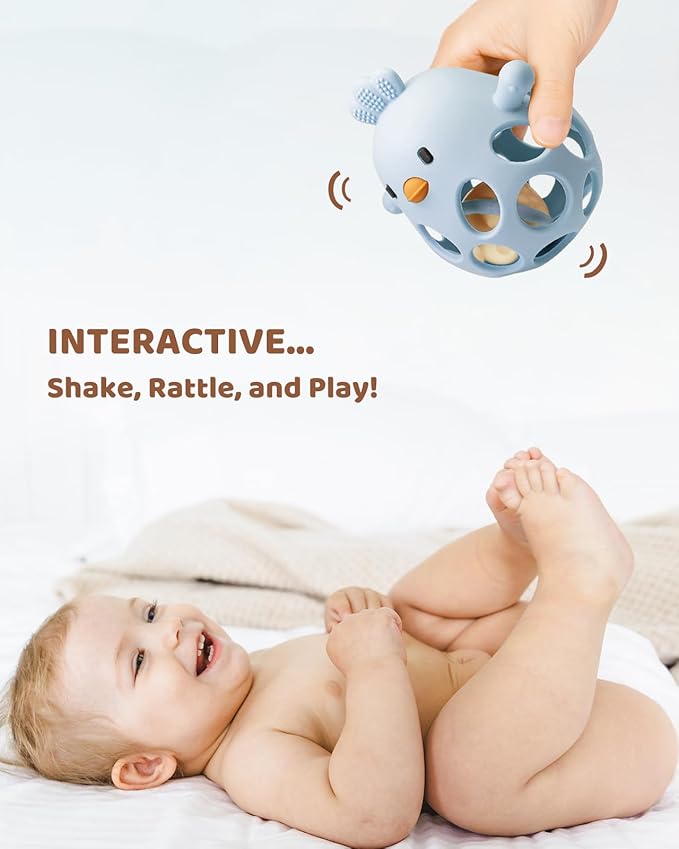 2-in-1 Baby Teething Rattle Toy, Sensory Grasping Teether for Infants 3-12 Months, 100% Food-Grade Silicone, Easy to Hold, Soothing & Developmental, BPA Free