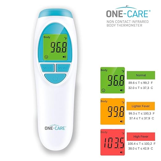 ONE-CARE Infrared Thermometer HTD8818A - Non-Contact, Homedics Thermometer, High Accuracy, Fast Reading, Body & Room Temp, Newborn Baby to Adult, Fever Alarm, Large Display