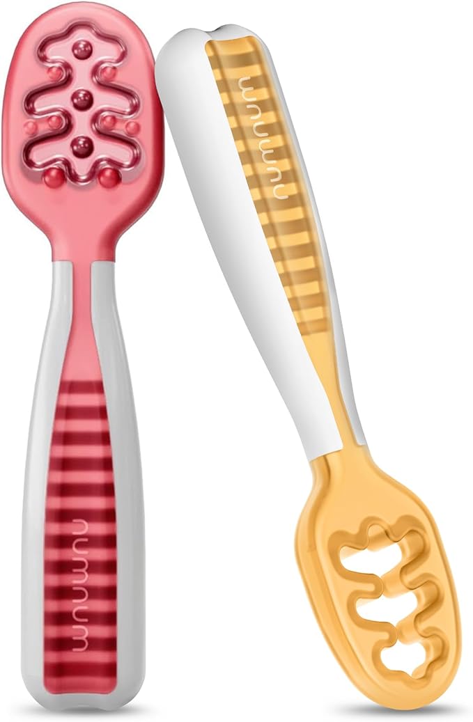 NumNum Baby Spoons Set, Baby Essentials Pre-Spoon GOOtensils for 6+ Months, First Stage Self-Feeding Spoons for Baby Led Weaning (BLW), Silicone Toddler Utensils, BPA-Free, 2 Pack Red/Orange