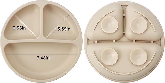 PandaEar Silicone Baby Feeding Set| 2 Pack Silicone Divided Suction Plate and 2 Pack Tiny Cup with 2 Spoons 2 Forks| Baby Led Weaning Supplies Self Feeding Eating Utensils (Light Tan/Walnut)