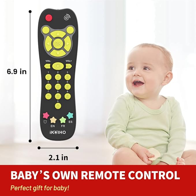 Baby Remote Control Toy, Realistic Toddler TV Remote Toy with Light Sound Kid Learning Education Musical Toys with English French Spanish Infant Gift for Boys Girls 6M+ (Black)