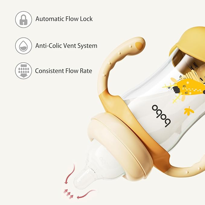 YOHKOH Natural Glass Baby Bottle with Natural Response Nipple, Wide Neck Baby Bottles with Handle, Newborn Anti-Colic Baby Bottles Gift Set, Clear (5.4oz (Pack of 2), Yellow)