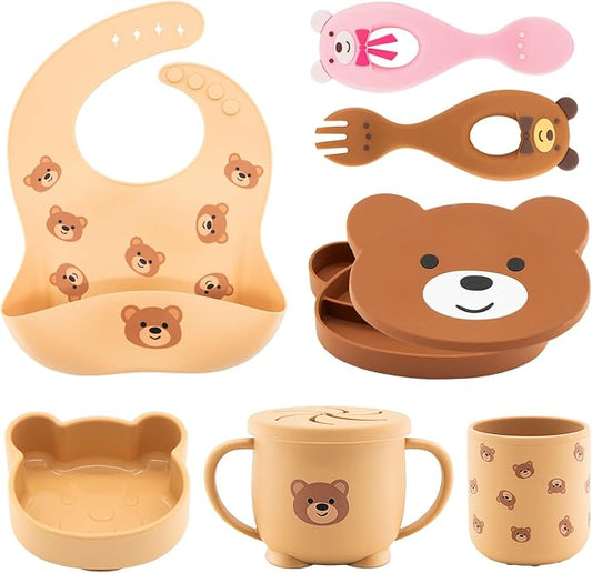 CHCC Silicone Baby Feeding Set 7 Pcs, Baby Led Weaning Supplies, Baby Feeding Supplies Set BPA Free, Baby Essentials for Newborn Gift Bear
