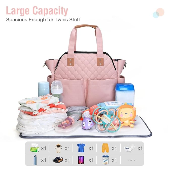 Lekebaby Diaper Bag Tote for Baby - 17 Pockets Large Travel Diaper Tote with Portable Changing Pad, Mom Crossbody Hospital Bag for Labor Delivery, Waterproof, Baby Essentials for Newborn Gifts, Pink