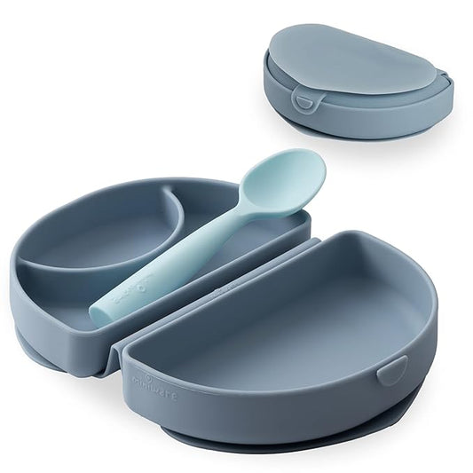 Miniware Fold & Scoop Baby Feeding Set - Silicone Travel Baby Plate with Suction & Baby Spoon - Compact, Portable, Dishwasher-Safe, Suction Base for Mess-Free Eating (Aquamarine and Aqua)