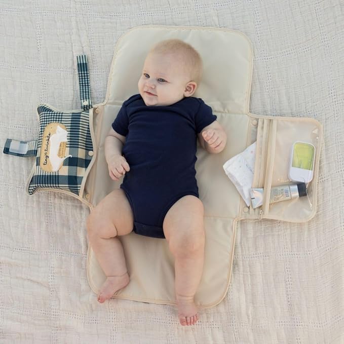 Tiny Twinkle Portable Diaper Changing Pad | Waterproof, Wipeable & Compact Baby Changing Pad for Travel | Smart Wipes Pocket & Organized Storage| Newborn Shower Gift (Gingham)