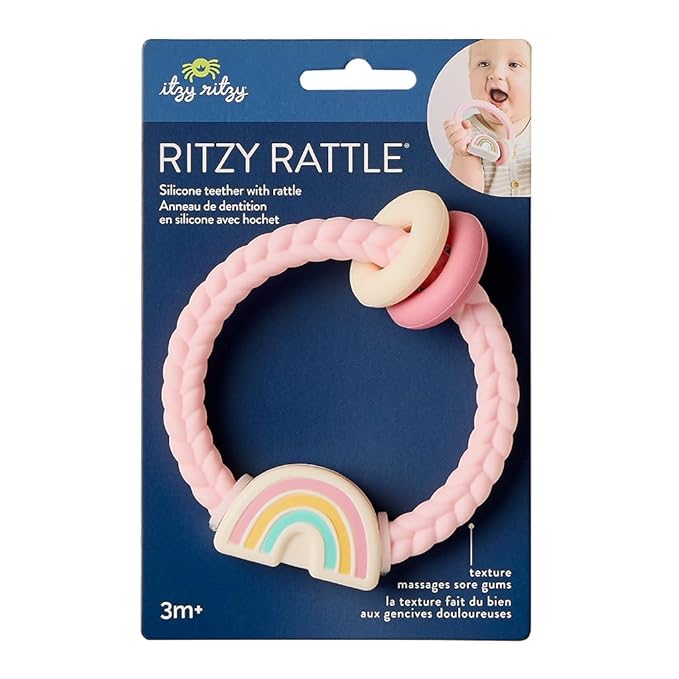 Itzy Ritzy Silicone Teether with Rattle; Rattle Teether Features Rattling Sound, Two Silicone Teething Rings and Raised Texture to Soothe Gums; Ages 3 Months and Up (Pink Rainbow)