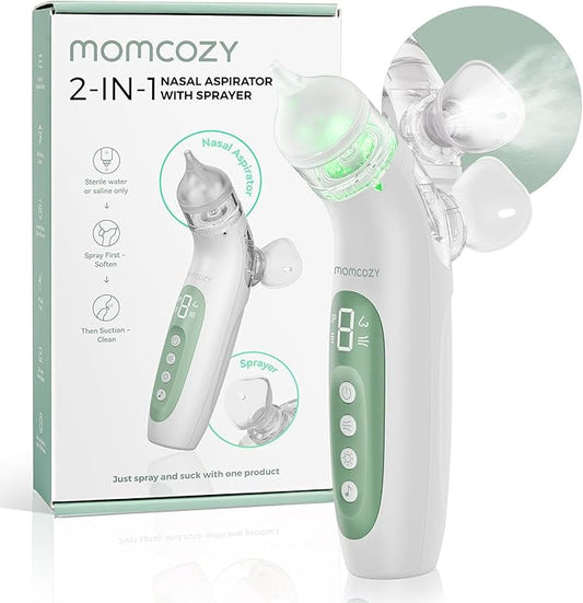 Momcozy BreezyClear™ 2-in-1 Electric Nasal Aspirator for Baby with Spray, 65kPa Hospital-Grade Suction, 4 Adjustable Levels, Quiet & Portable Nose Cleaner with Soothing Light & Music