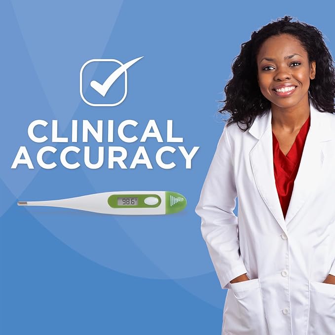 Veridian Digital Thermometer | 60-Second Readout | Fever Alert + Memory Recall| Clinical Rigid Tip | Hygienic Water-Resistant Easy Cleaning | Storage Case + Probe Covers Included