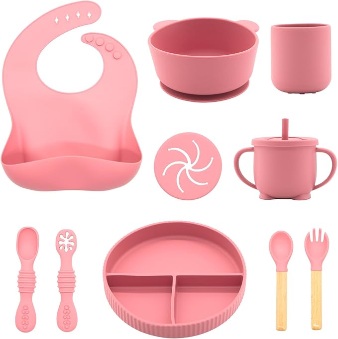 CHCC Silicone Baby Feeding Set 10 Pcs, Baby Led Weaning Supplies, Baby Feeding Supplies Set BPA Free, Baby Essentials for Newborn Gift Red