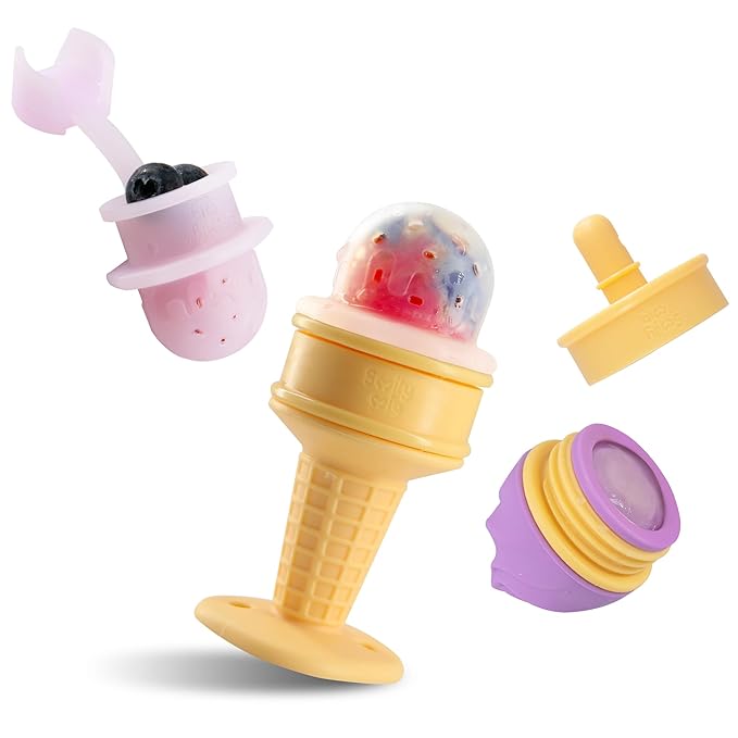 Smily Mia Baby Fruit Food Feeder & Freezer Teether Combo, ICY Bite Ice Cream Teether for Baby Cooling Relief, BPA Free Silicone Feeder for Safe Infant Self Feeding, 3 Month+,Purple