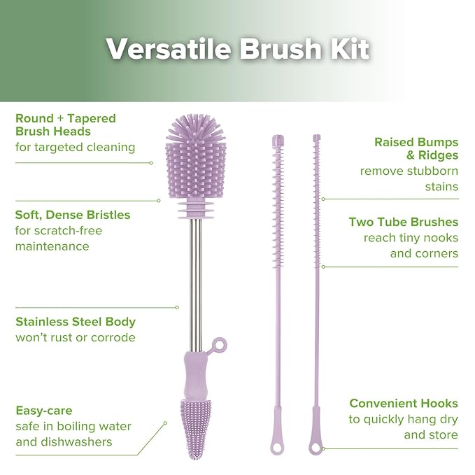 haakaa Silicone Cleaning Brush Kit - Baby Bottle Brush Cleaner for Breast Pump,Nipple,Breast Milk Storage Bag,Reusable Straw,Sippy Cup - Food Grade Silicone Bristles, Portable - 3 Pcs - Lavender