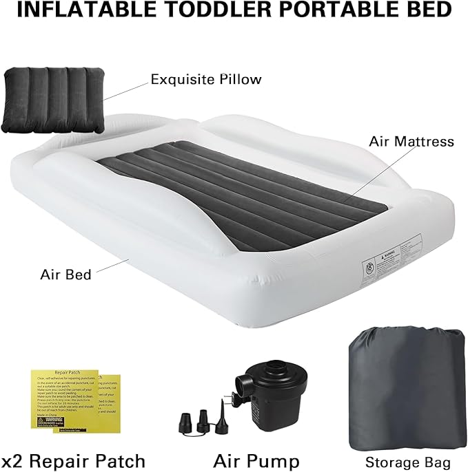 Inflatable Toddler Travel Bed - 61 Inches With Pillow Portable Toddler Bed for Travel with Safety Sides - Cozy Kids Air Mattress Set with Built-in Electric Pump & Carry Case- Easy to Inflate - Grey