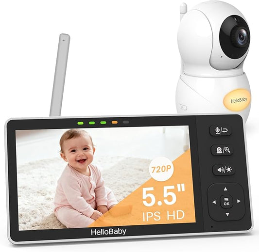 HelloBaby 5.5'' HD Video Baby Monitor with 1080P Camera | No WiFi, Hack-Proof Security & 1000ft Range | Remote Pan, Tilt, Zoom, Night Vision, Night Light | 4000mAh Battery
